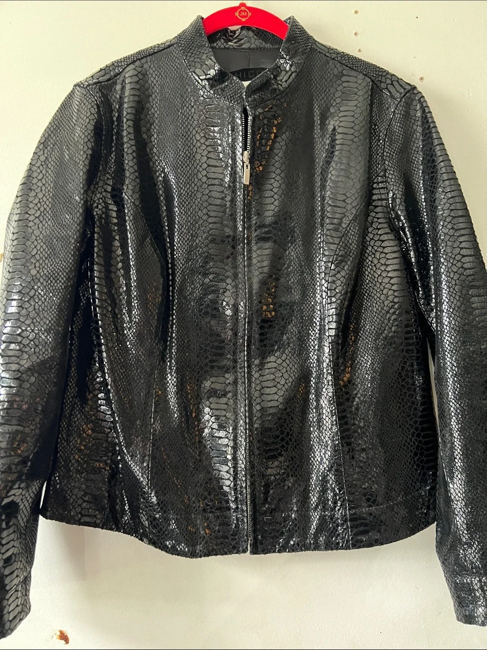 Chico's Black 100% Leather Snakeskin Zip Jacket with lining Size 1